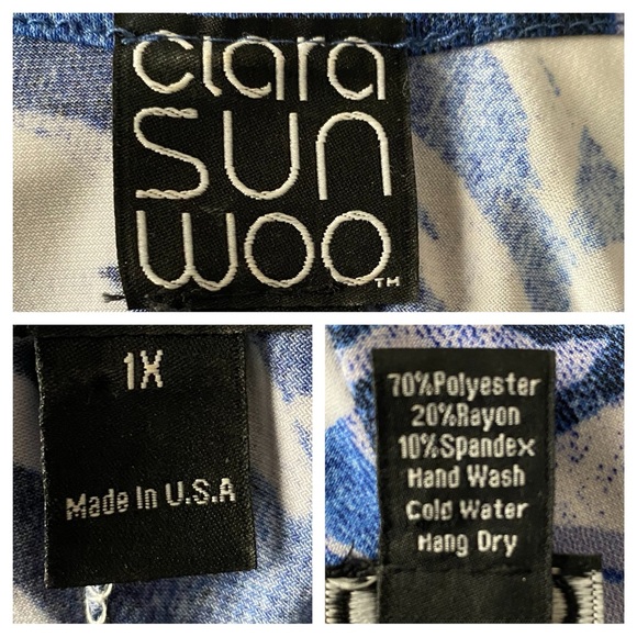 Clara Sun Woo Midi Stretch Knit Sleeveless Blue Print Swing Shift Dress SZ 1X - Picture 13 of 13